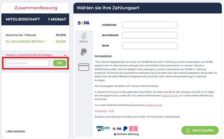 Feld zum Zweisam-Gutschein eingeben