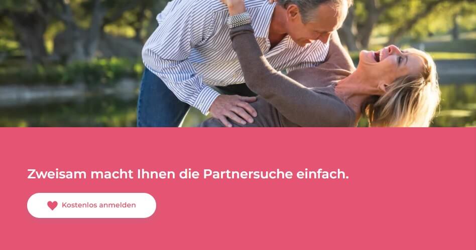 Banner mit einem tanzenden Paar und dem Hinweis zur kostenlosen Anmeldung bei Zweisam