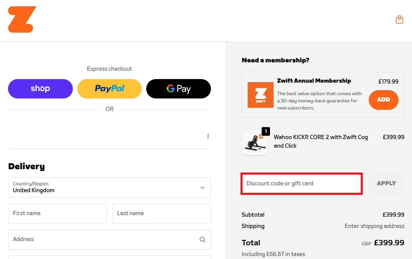 Zwift discount code redemption box picture