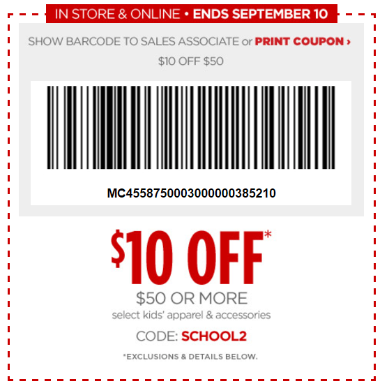 Printable: $10 off Select Kids’ Apparel & Accessories $50 or More